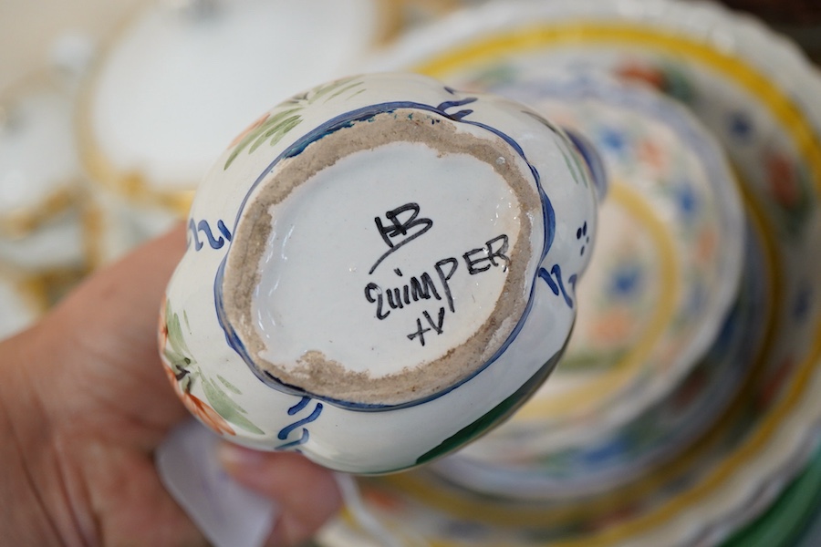 Quimper tableware (five) and eleven green-glazed leaf plates and similar dish- 17.5cm wide.